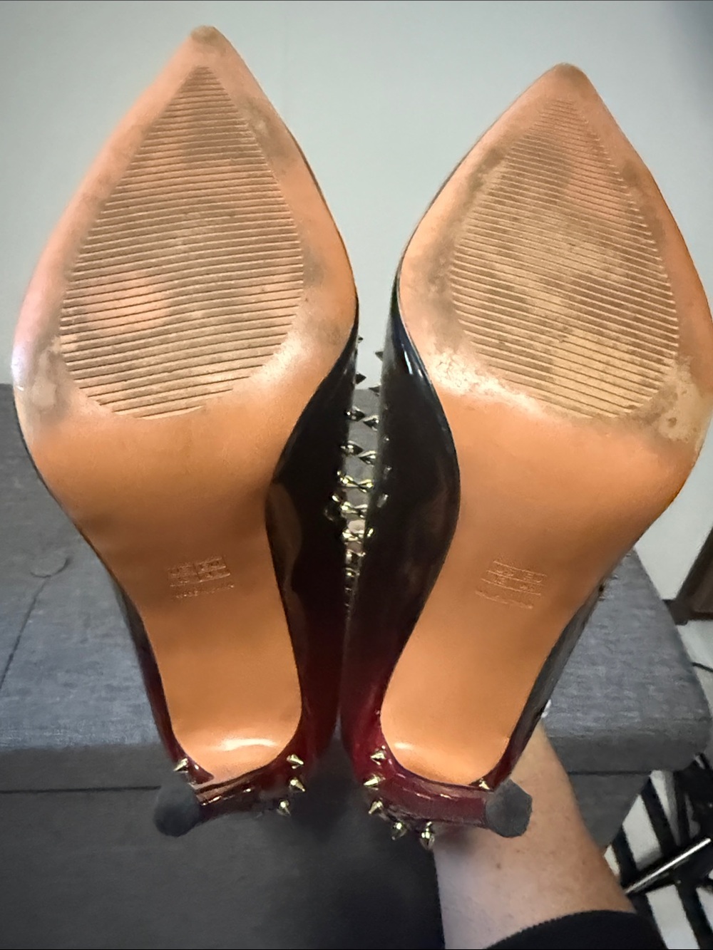 Red and Black Studded Pointed-Toe Women's Pumps - Picture 5 of 5